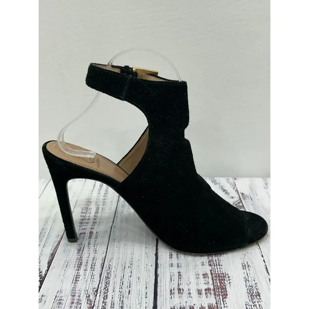 Tory Burch Women's Black Leather Brittania Peep Toe Suede Bootie Size 8.5M